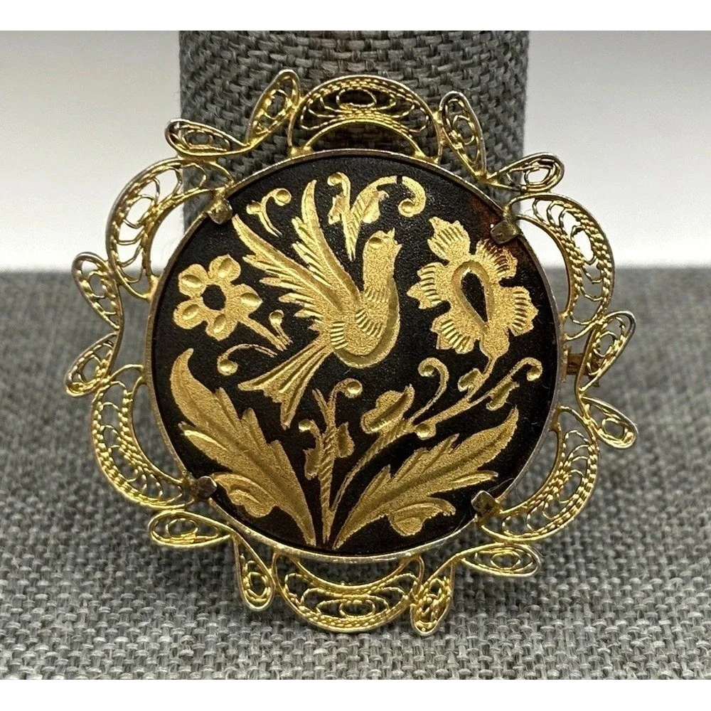 Vintage Damascene Bird Black Enamel Flower Brooch Filigree Gold Tone